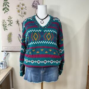 Vintage Hand Knit Aztec Pullover Sweater Retro Southwestern Coastal Cowgirl PL